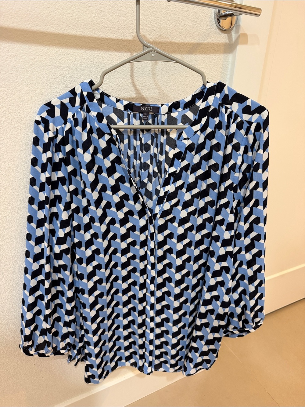 NYDJ Light Blue and Black Geometric V-Neck Blouse